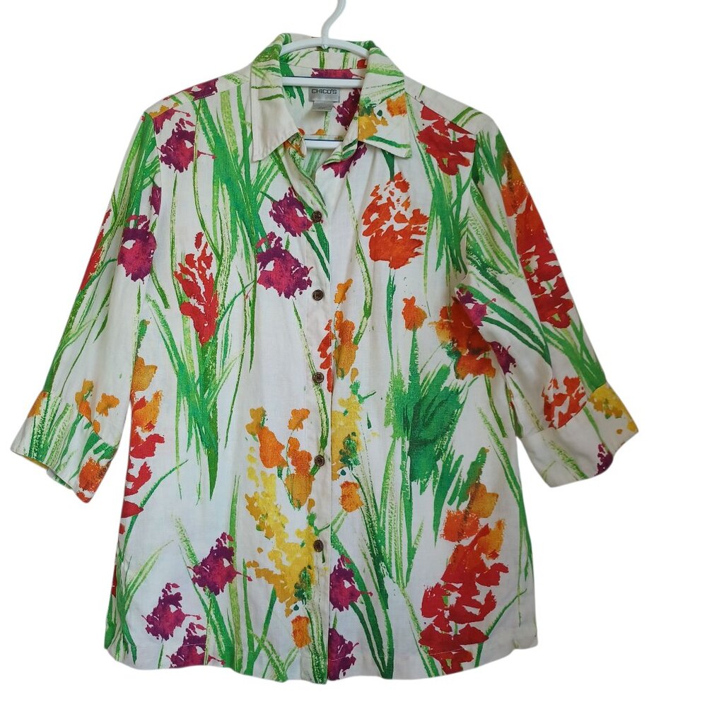 Chicos Linen‎ Blouse Collared Button Front Vibrant Floral Womens Medium
